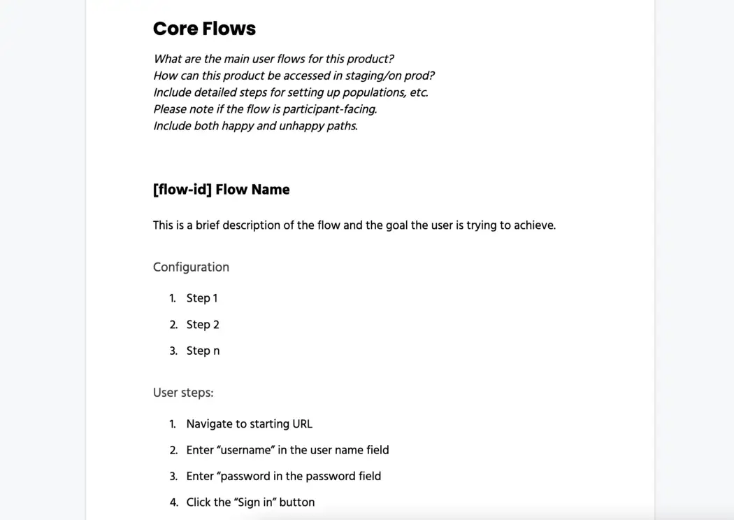 Core flows template document in the audit kit