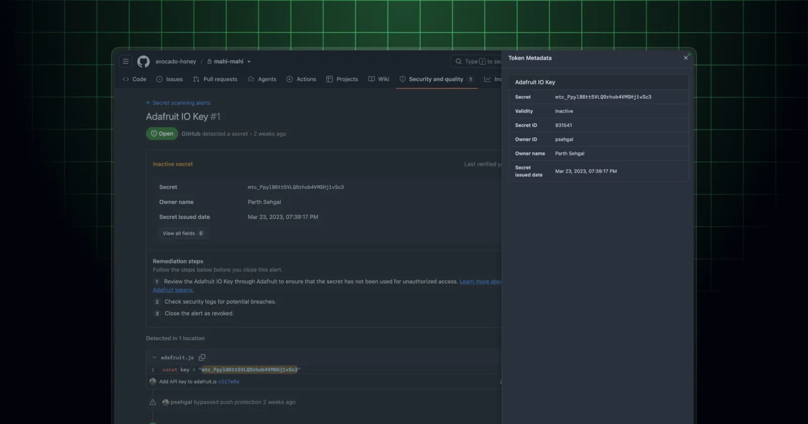 A secret scanning alert with the new in-content metadata table and the extended-metadata sidesheet open alongside it.