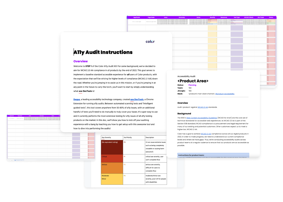 Several spreadsheets, docs, etc. that make up the A11y Audit Kit