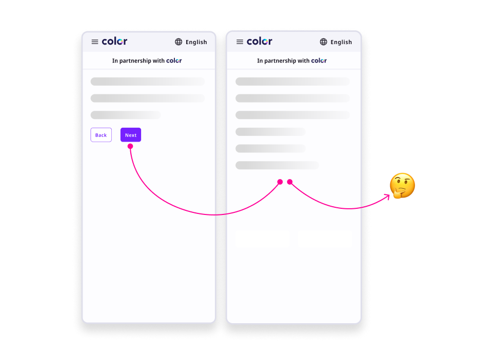 A user path through a couple mobile screens of the Color web app