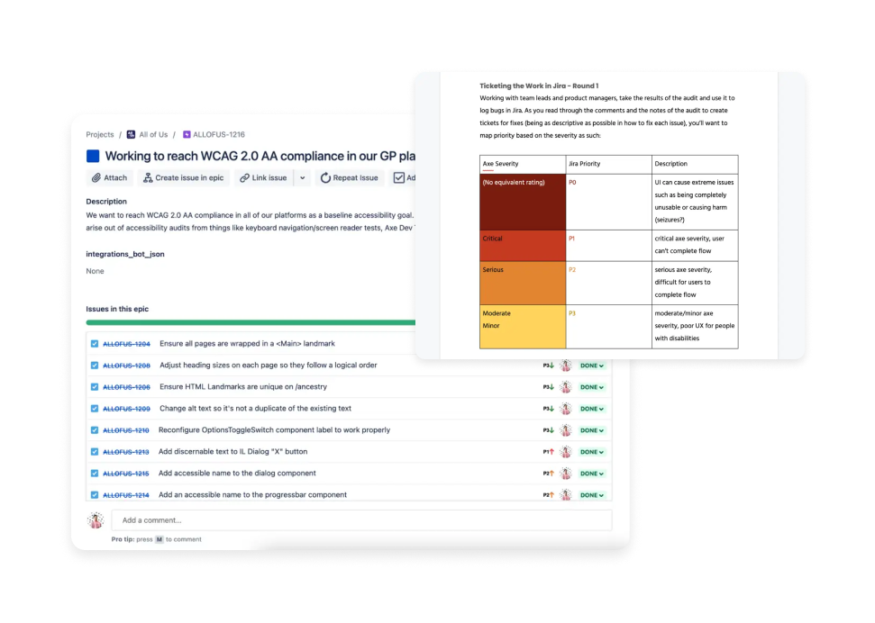 Spreadsheets with data and a Jira dashboard with tasks