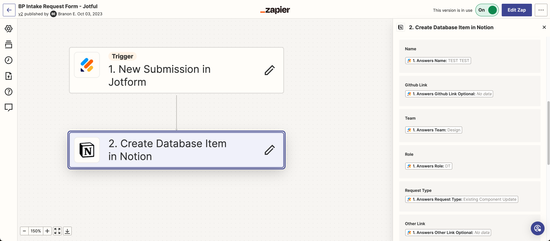 A Zapier integration between the form and the Notion table